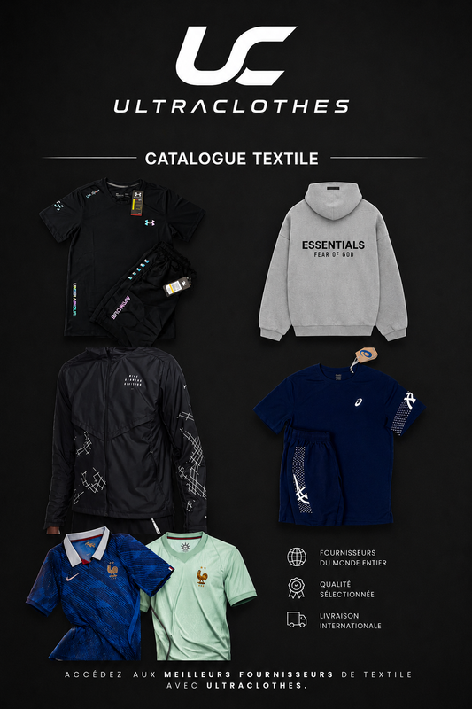 Aperçu du Catalogue Textile — Under Armour, Fear of God Essentials, Nike, Asics, maillots équipe de France
